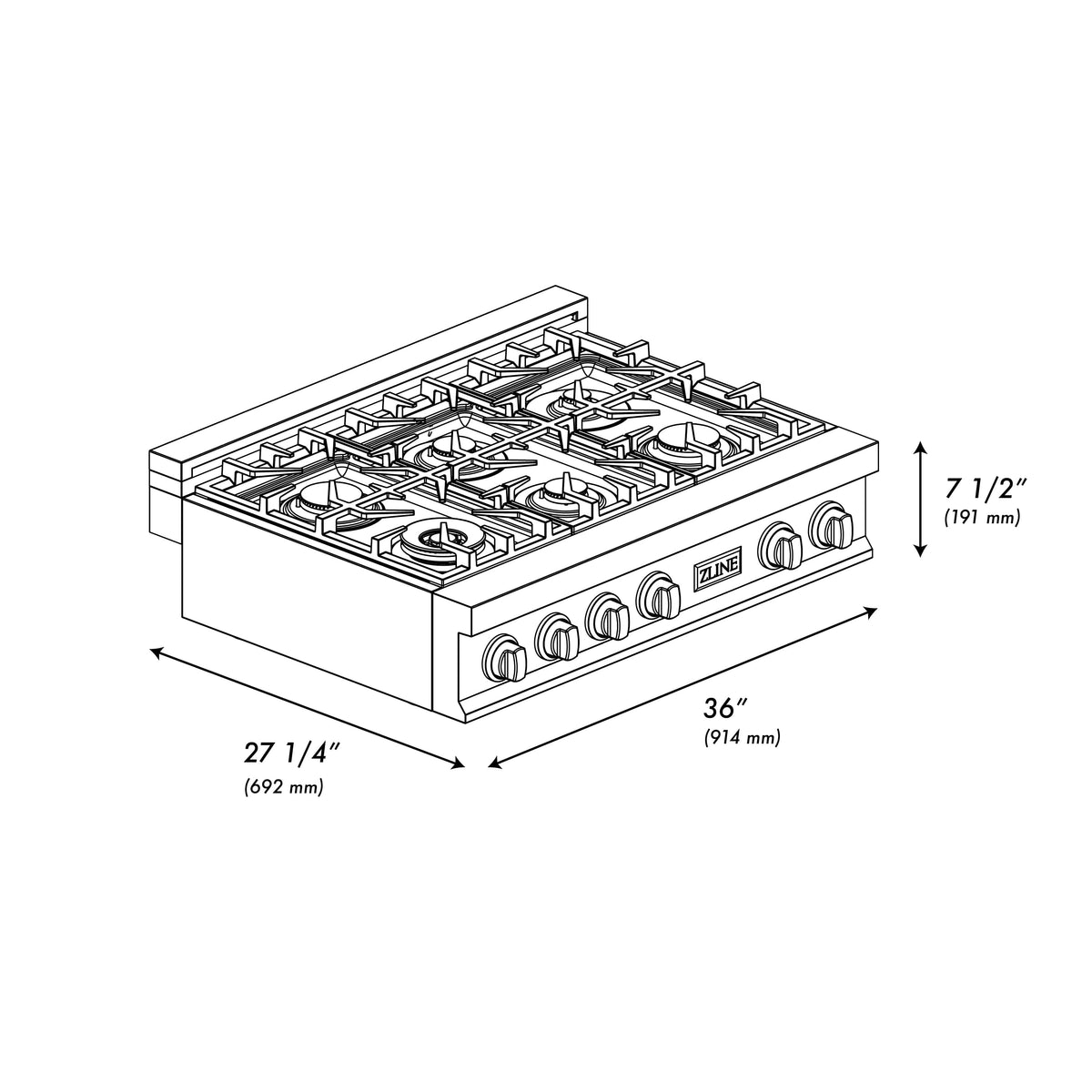 ZLINE - 36 in. Wide 6 Burner Classic Gas Rangetop with  and Porcelain Cooktop in Stainless Steel (RT-BR-36) - Stainless Steel