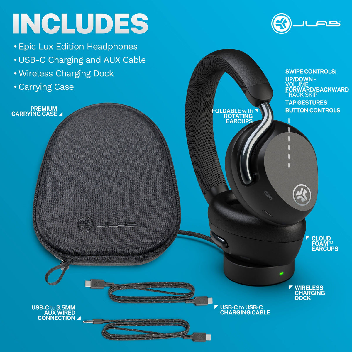 JLab - Epic Lux Lab Edition ANC Wireless Headphones – Hi-Res Compatible, Spatial Audio w/ Head Tracking & 90+ Hour Battery Life - Black