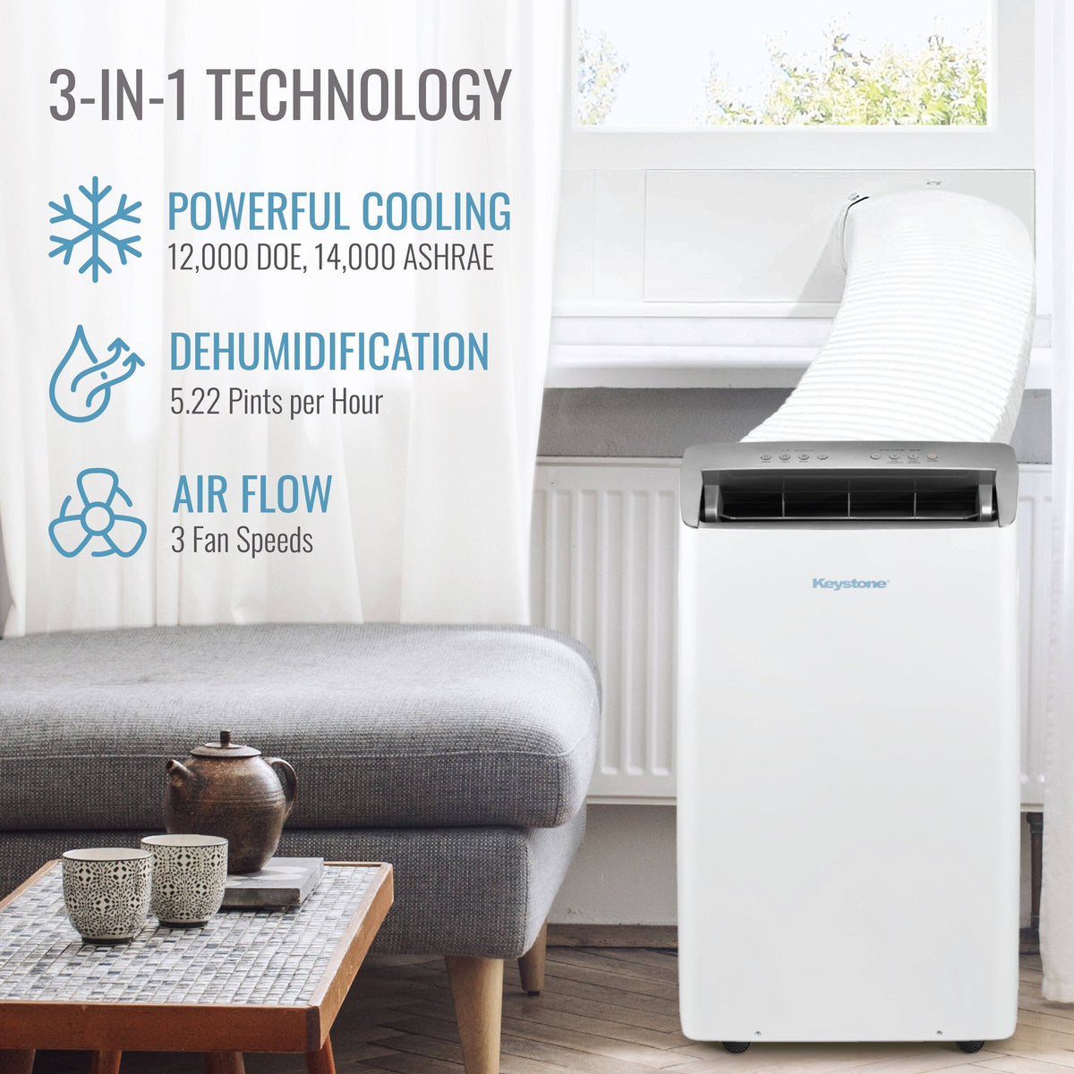 Keystone - 14,000 BTU ASHRAE/12,000 BTU DOE Portable Inverter Air Conditioner with Remote Control - White