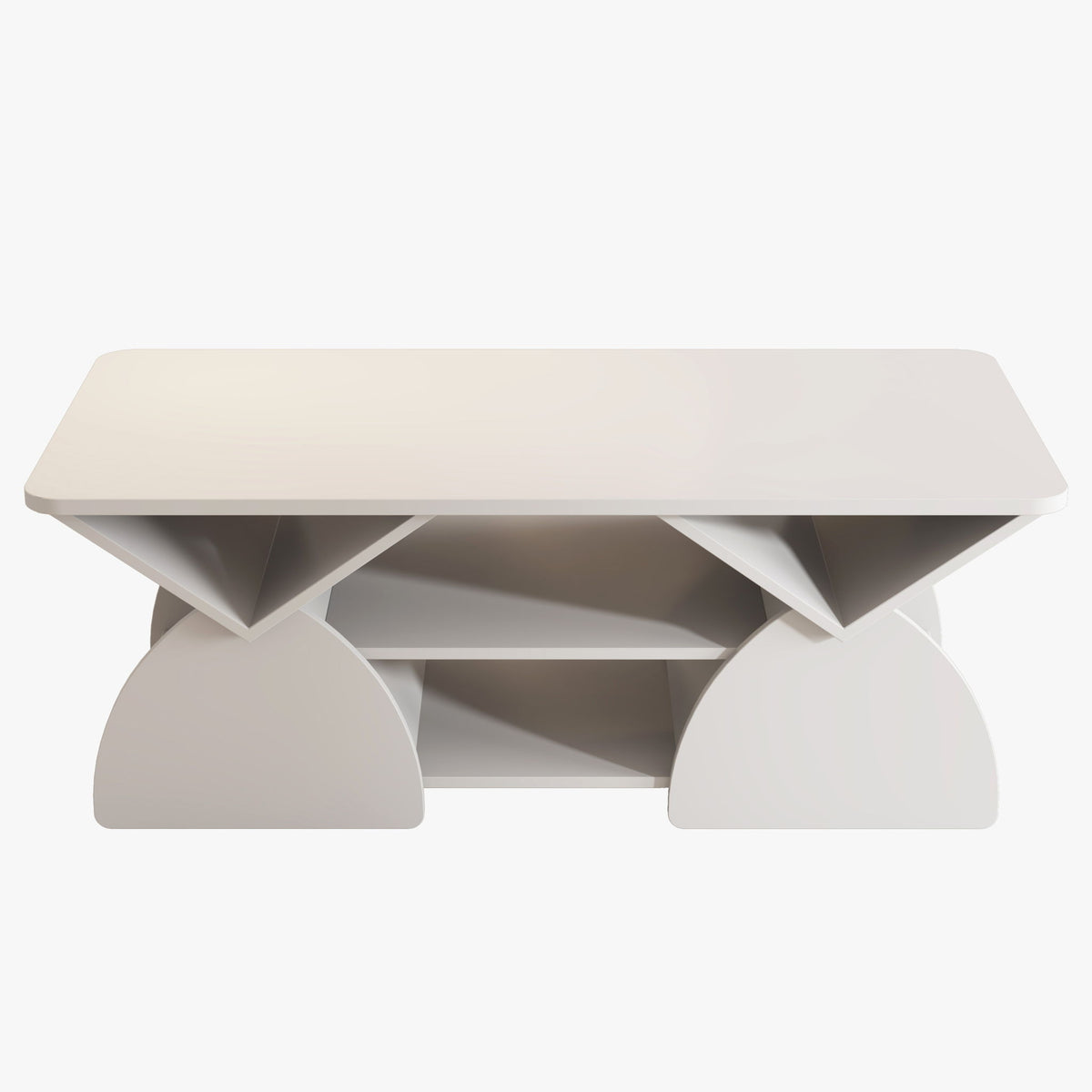 Mesa de centro de diseño geométrico con esquinas redondeadas y estantes abiertos