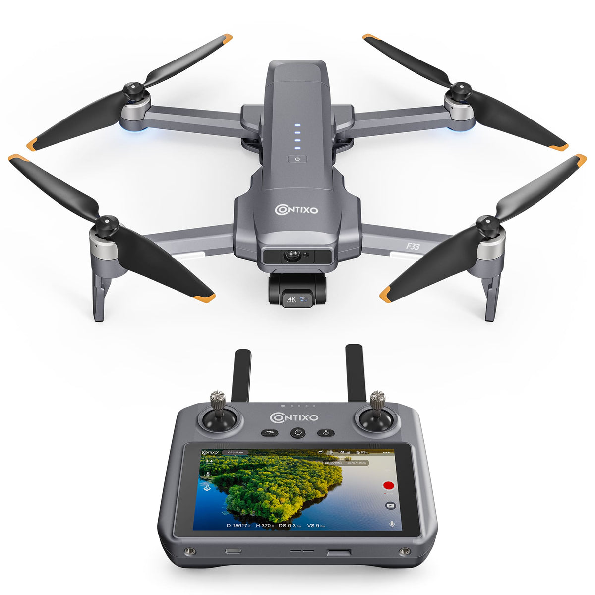 Contixo - F33 Vortex 4K GPS Drone with 2-Axis Gimbal, 6KM Range, 40-Min Flight, 5.5" HD Screen & Brushless Motor - Dark Gray