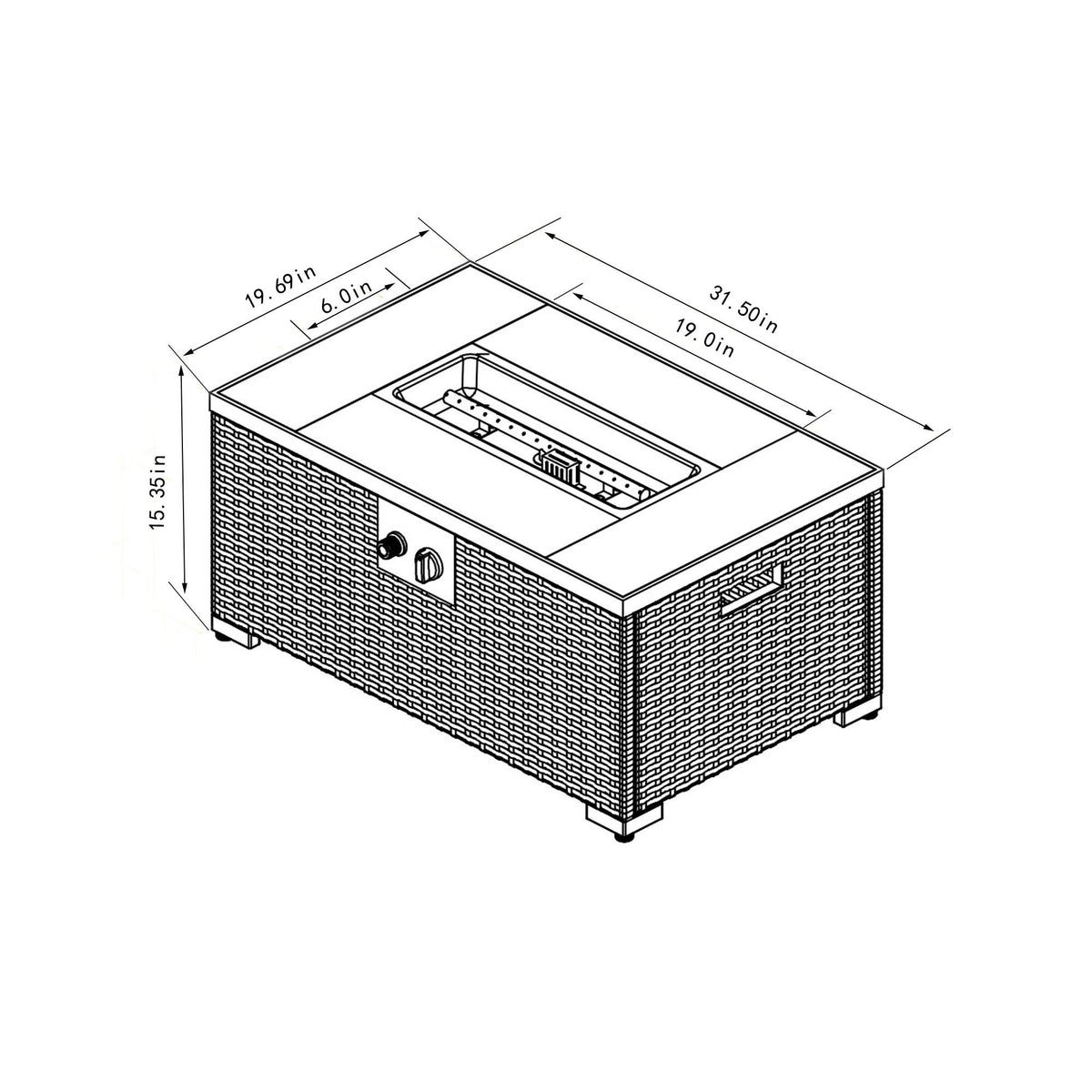 Mesa Rectangular para Pozo de Fuego de Gas Propano de 32" con Cubierta para Tanque de Propano, 50000 BTU, de Acero con Hermosa Base de Mimbre
