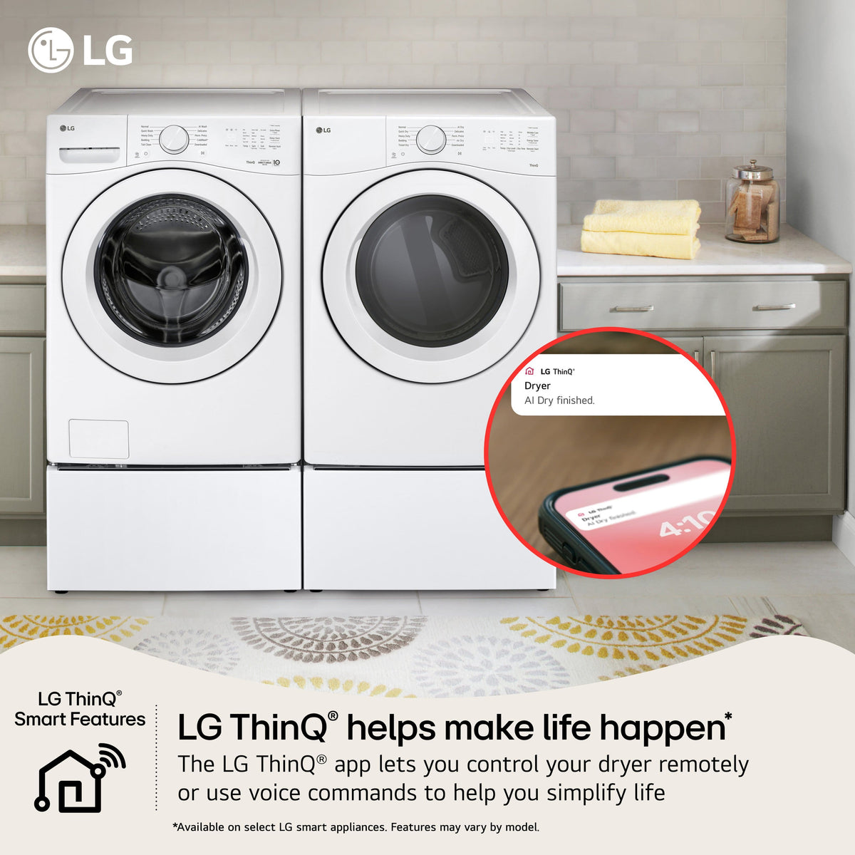 LG - 7.4 Cu. Ft. Ultra Large Stackable Smart Electric Dryer with AI Sensor Dry and LoDecibel Quiet Operation - White