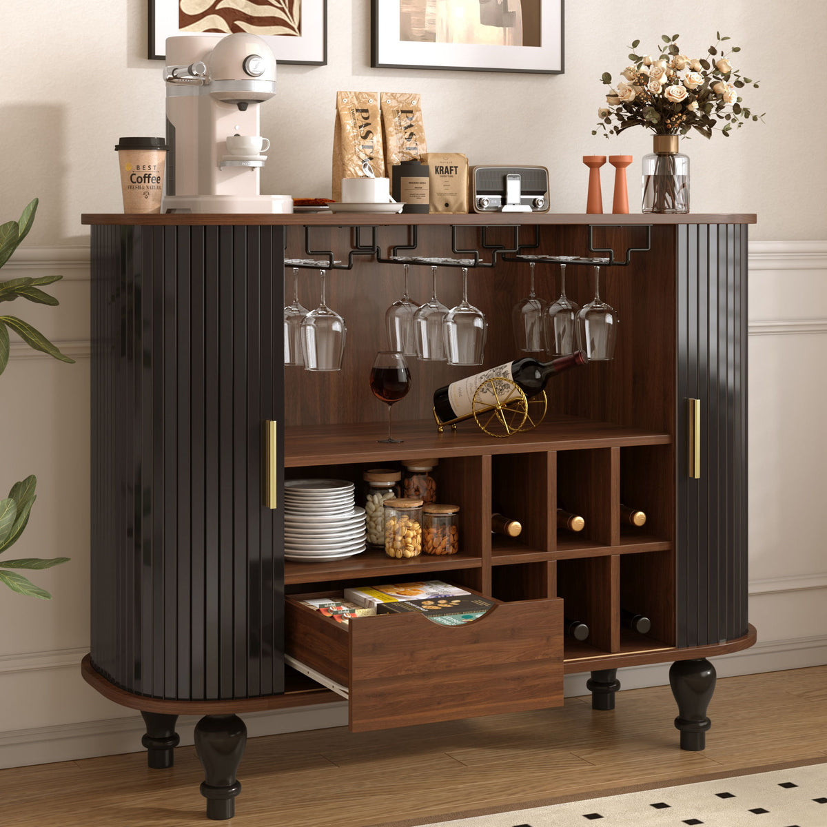 Mueble bar estriado para licores y café con 6 botelleros y 3 soportes para copas