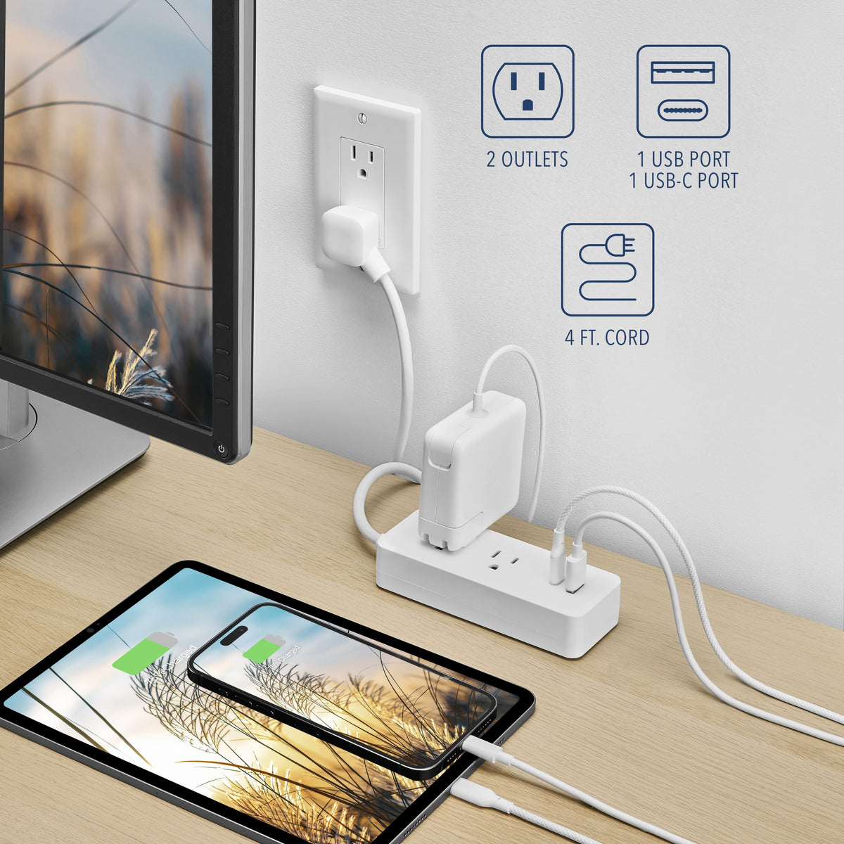 Insignia™ - 4’ 2 Outlet Power Strip with USB-C and USB Ports - White