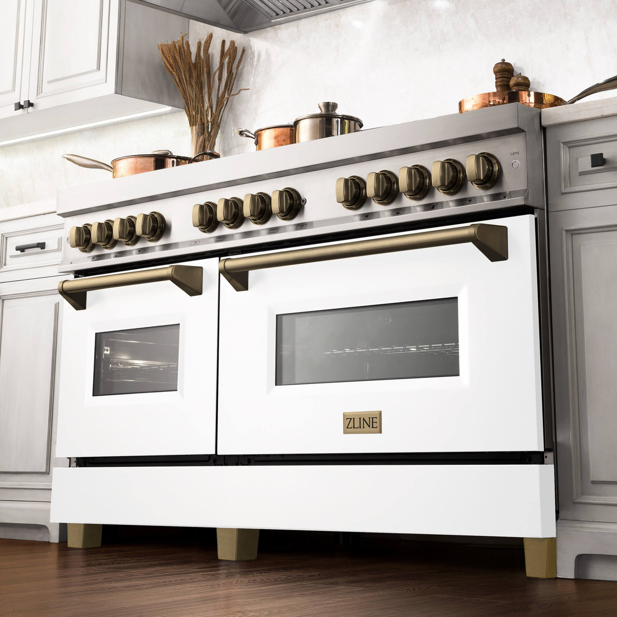 ZLINE - 60 in. Wide 8 Burner Autograph Legacy Dual Fuel Range & White & Bronze Accents (RAZ-WM-60-CB) - Multicolor
