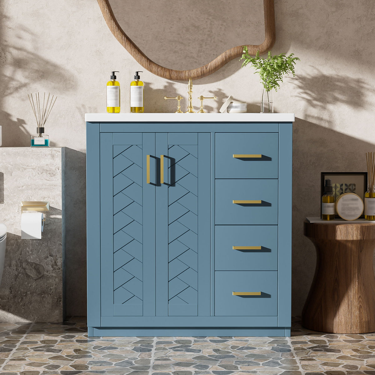 Tocador de baño con lavabo, mueble de almacenamiento, conjunto independiente con 3 cajones y puertas de cierre suave