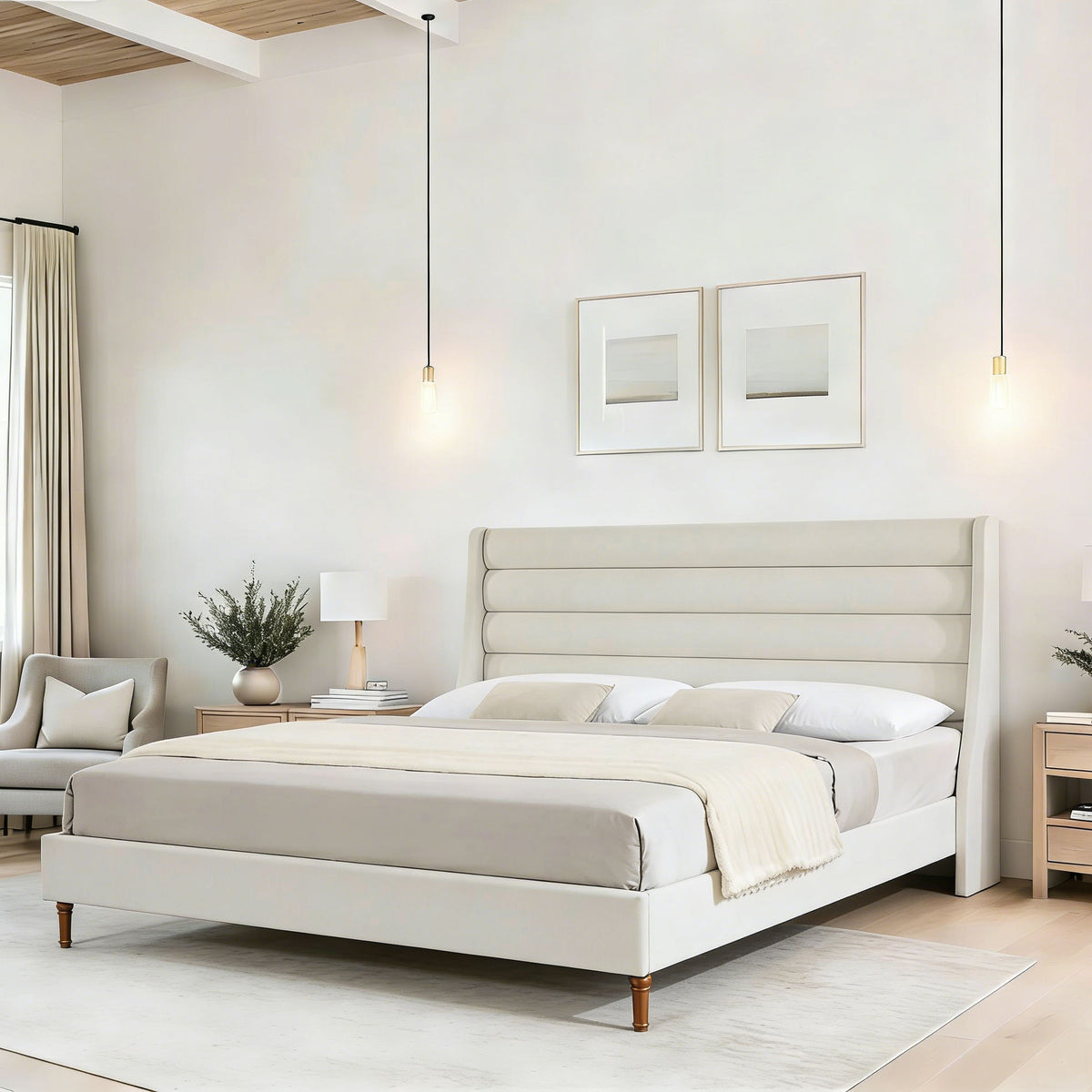 Cama de plataforma tapizada moderna con cabecera en forma de onda