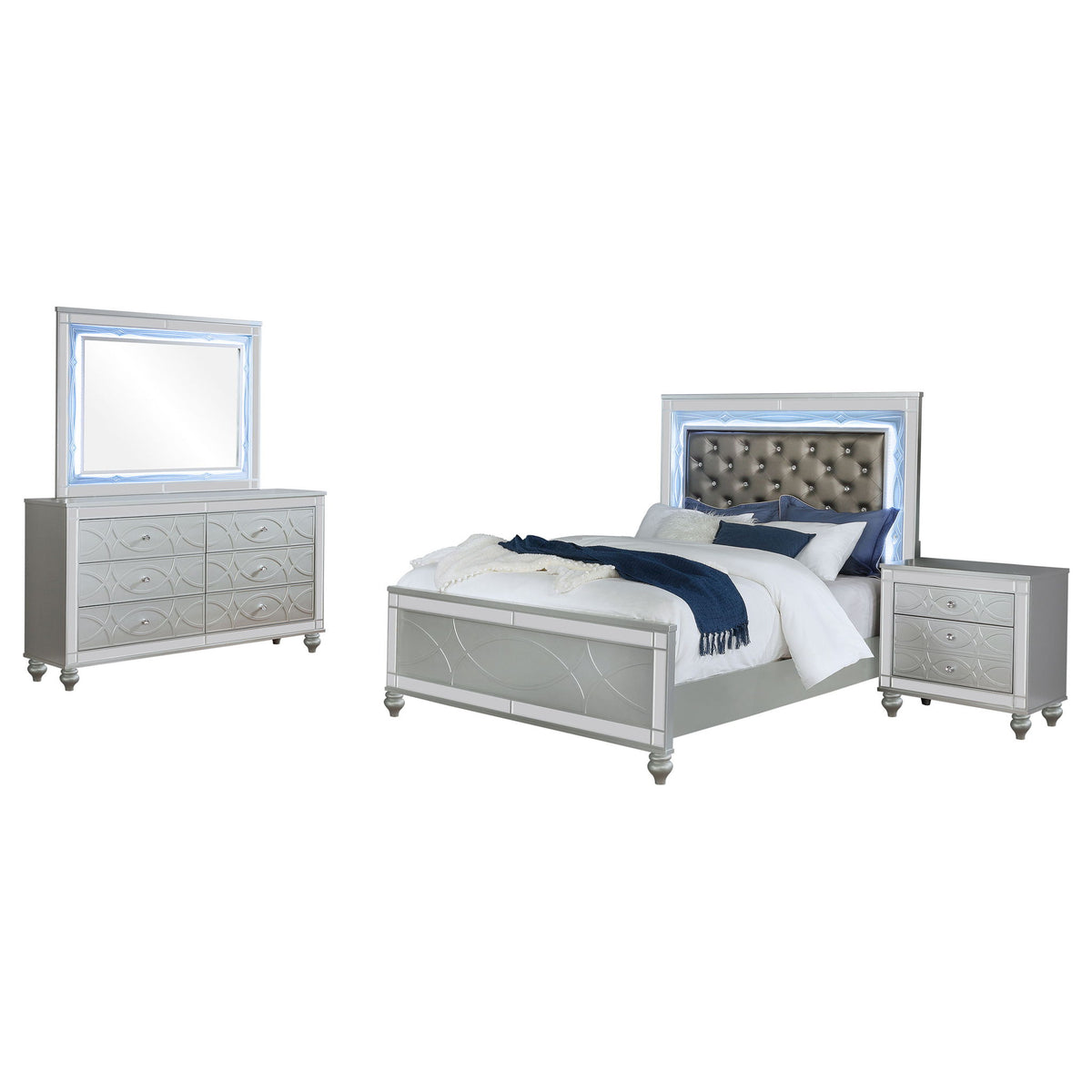 Arabesque - 4 Piece Queen Bedroom Set With LED Headboard - Silver