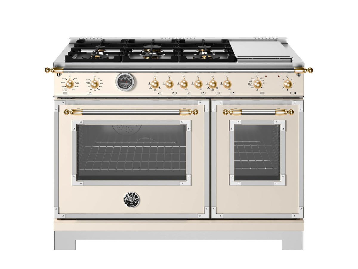 Bertazzoni - 48" Heritage Series Dual Fuel Range - Avorio/Gold - Ivory