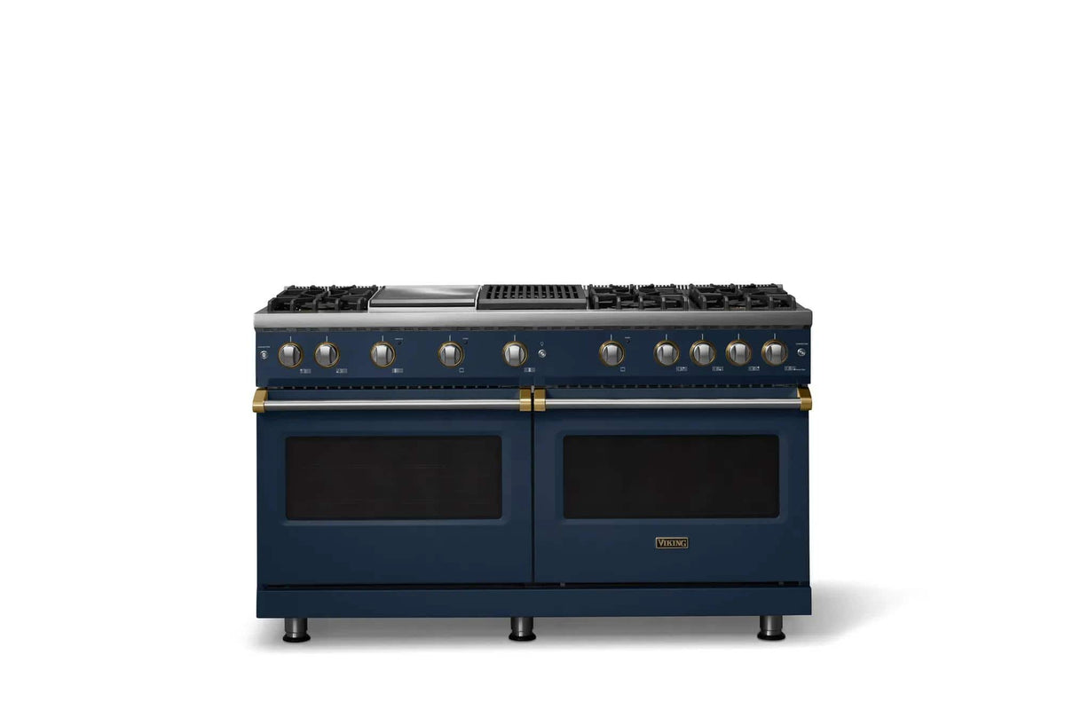Viking - 60"W.Pro5S  8.0 Cu. Ft. Freestanding Sealed 6 Burner Gas Convection Range/Griddle/Dbl Oven-Slate Blue/Brushed Brass - Slate Blue