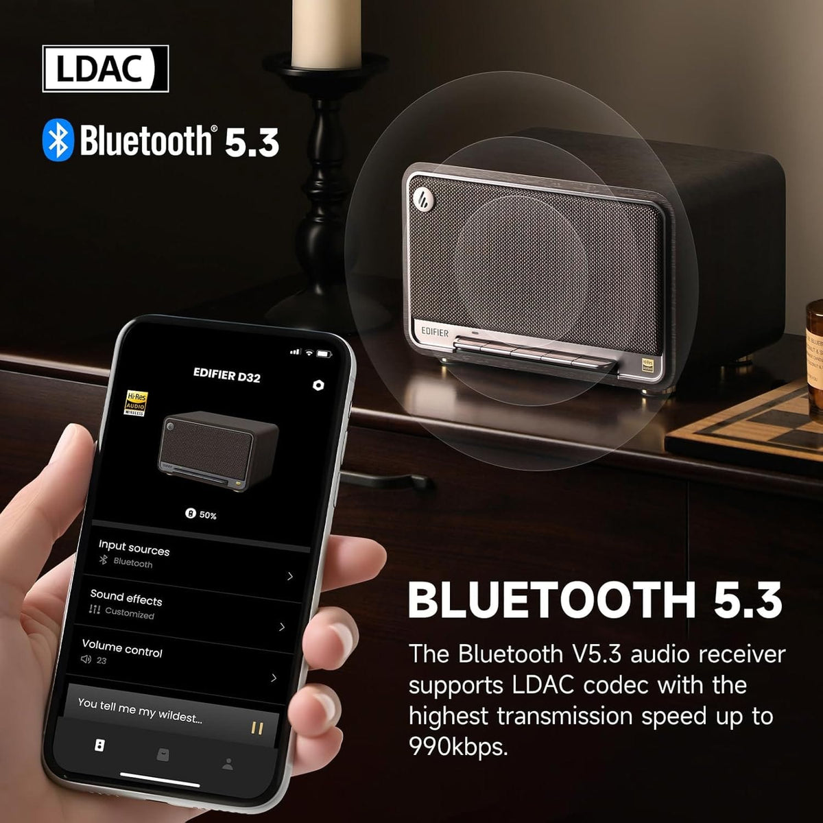 Edifier - D32 Portable Bluetooth 5.3 Wireless Speaker with Apple AirPlay High Resolution Audio and 11 Hour Battery Life - Black Walnut