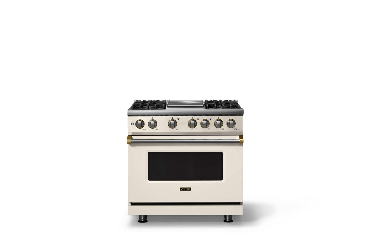 Viking - 36"W. Pro5S 5.6 Cu. Ft. Freestanding Self-Clean Sealed 4B LP DF Convection Range/Grdl-Pure White/Brushed Brass - Pure White