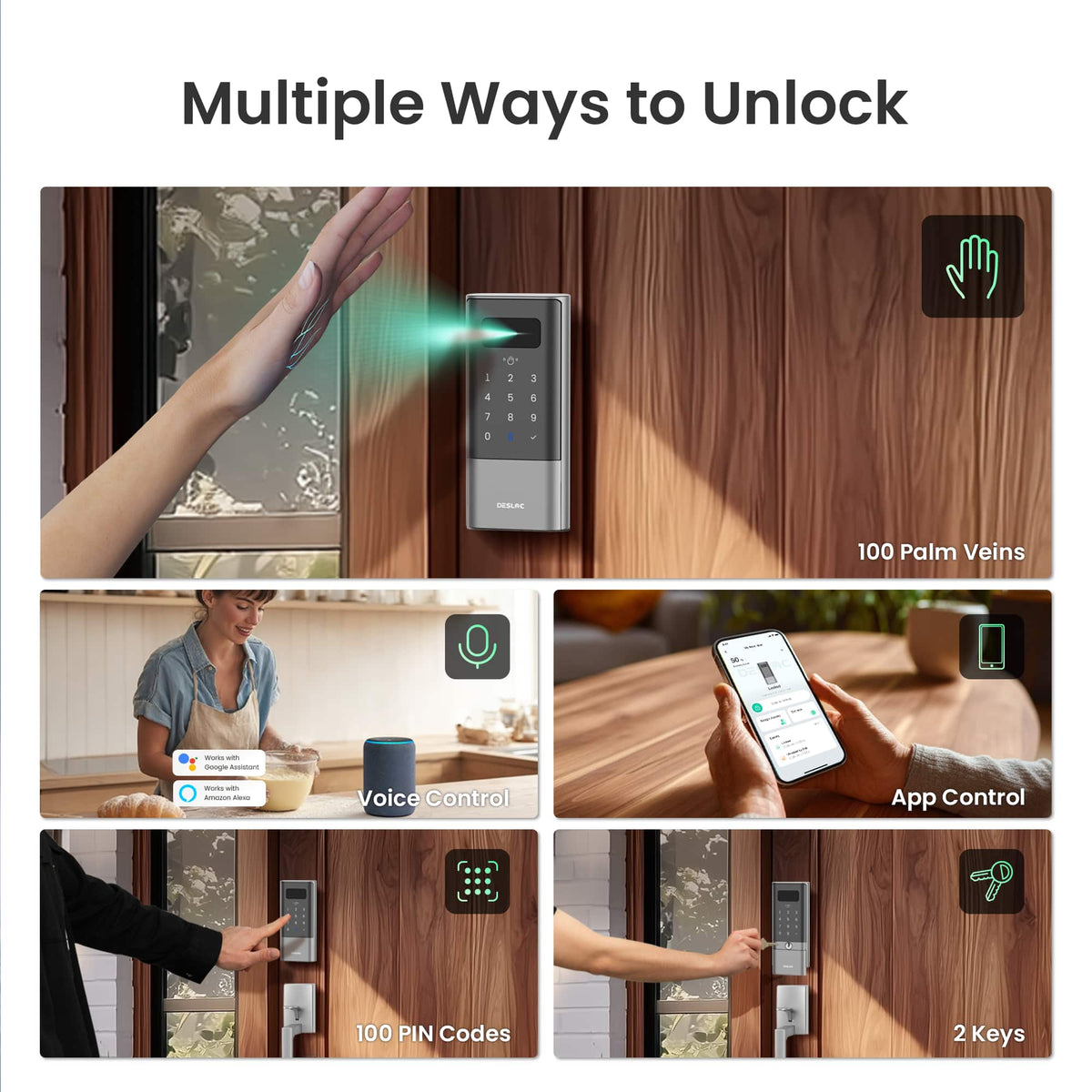 DESLOC - K140 Plus Smart Lock with 10,000mAh Battery Wi-Fi Replacement Deadbolt with Palm Vein Recognition and Auto Lock - Silver