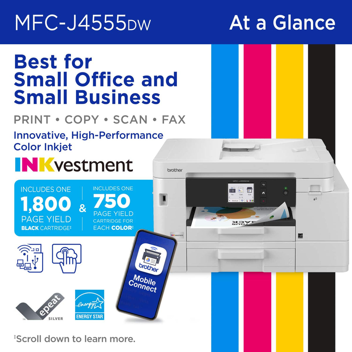 Brother - INKvestment 4555 Wireless Color All-in-One Inkjet Printer with 2 Paper Trays (MFCJ4555DW), Great for Small Offices - White