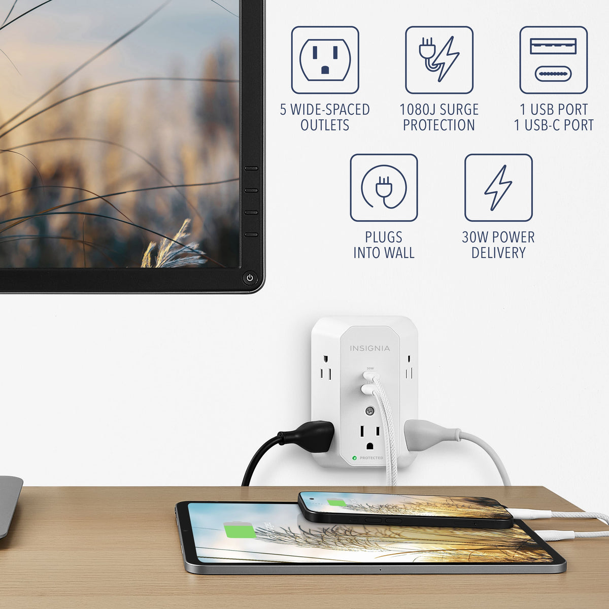Insignia™ - 5-Outlet / 1-USB-C / 1-USB Wall Tap 1,080 Joules Surge Protector - White
