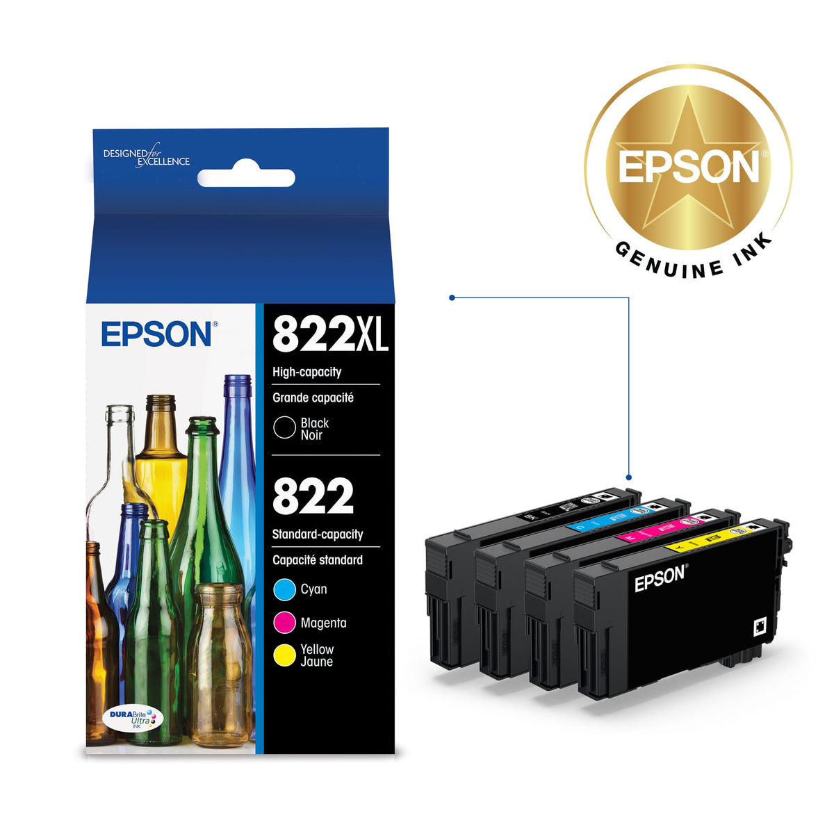 Epson - T822XL/T822 4-Pack High-Yield Standard Capacity Ink Cartridges - Black/Cyan/Magenta/Yellow