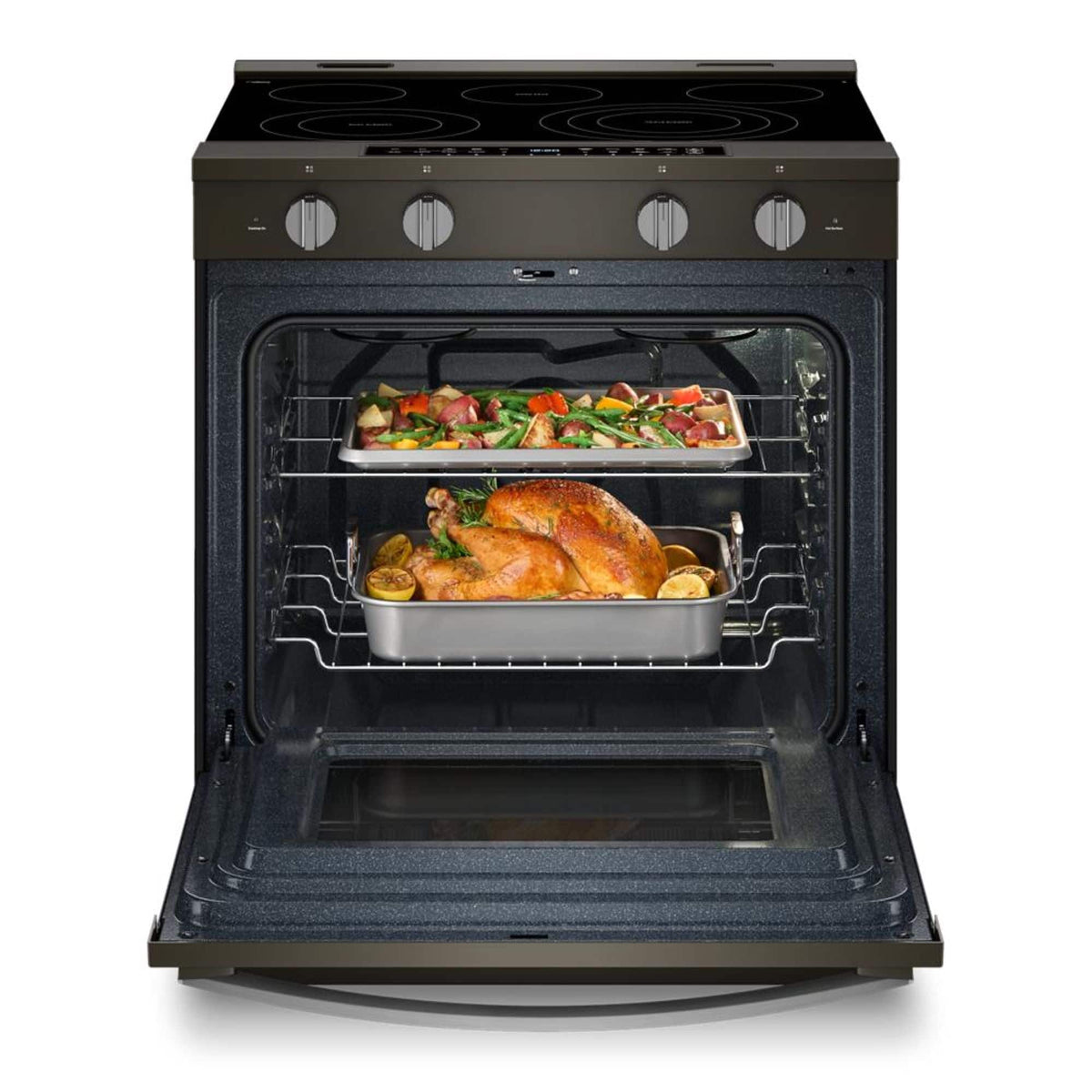 Whirlpool - 30” Wide 5 element 5.3 cu. ft. Smart Slide-In Electric Range-Air Cook Technology, No Preheat Air Fry, WipeClean Coating - Black Stainless Steel