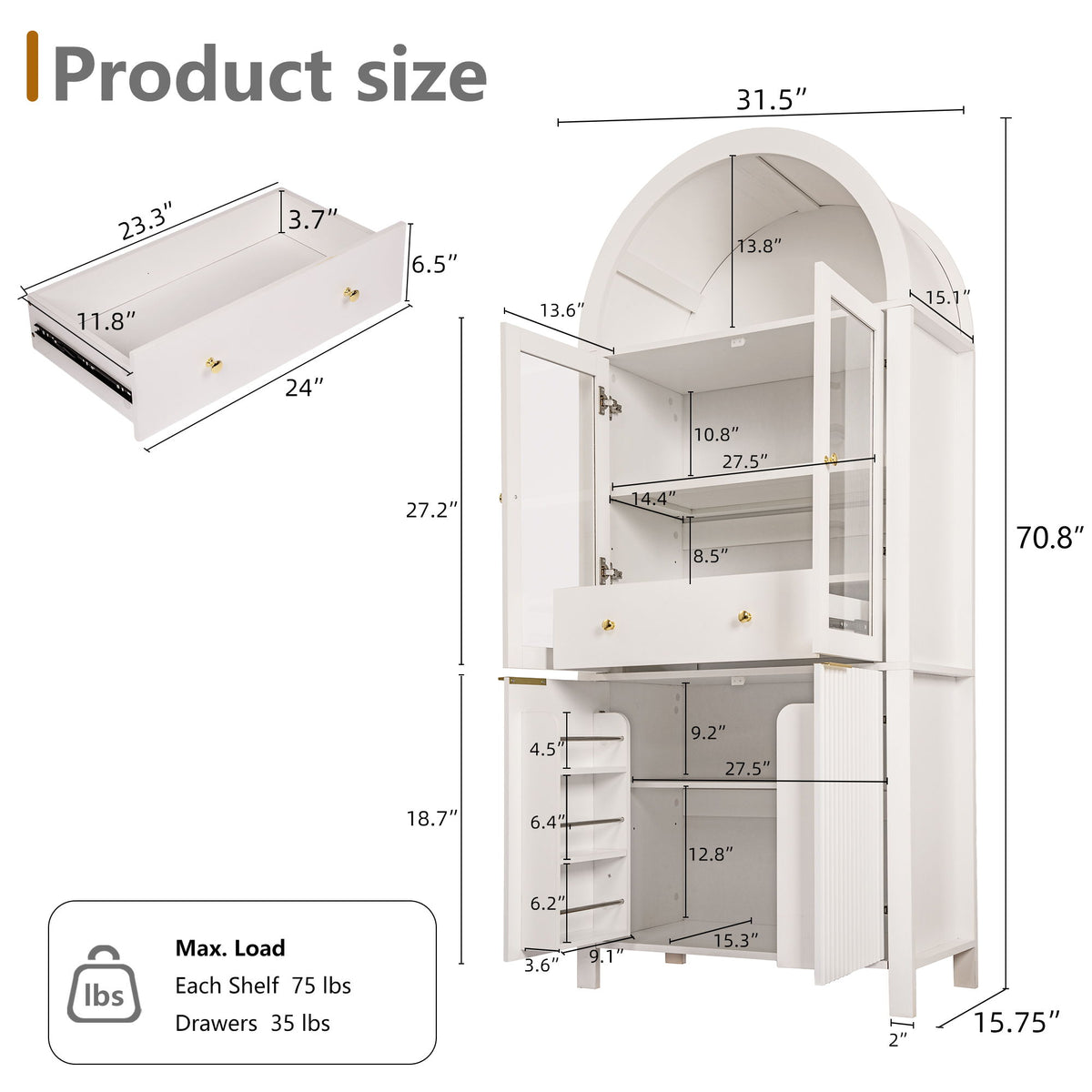 Gabinete de despensa alto y arqueado con diseño acanalado, estantes ajustables, puerta de vidrio y cajón oculto para cocina