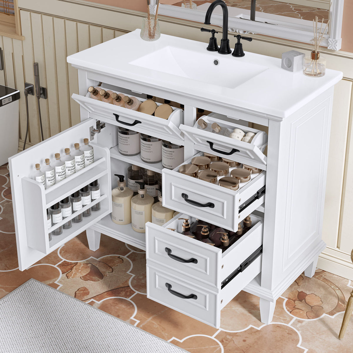 Tocador de baño moderno con lavabo integrado, cajones abatibles y estante ajustable