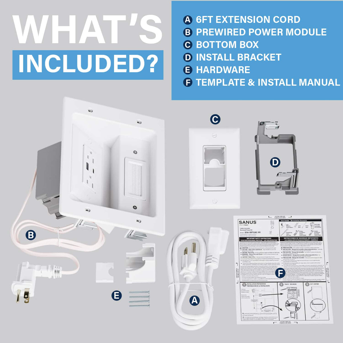Sanus - In-Wall Cable Concealer Recessed Power Kit - White