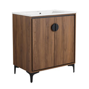 Tocador de baño moderno con lavabo sobre encimera, mueble de almacenamiento de madera reconstituida