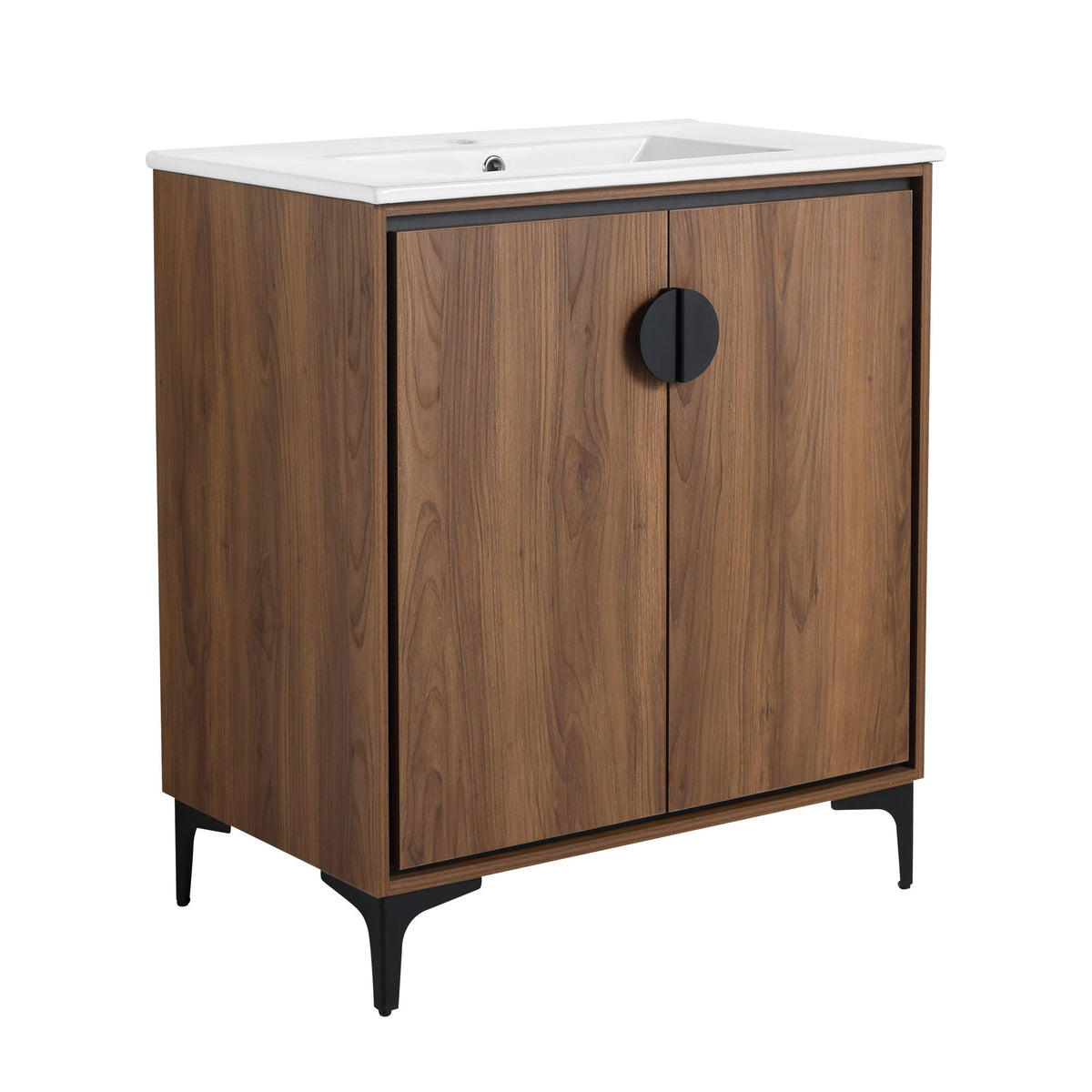 Tocador de baño moderno con lavabo sobre encimera, mueble de almacenamiento de madera reconstituida