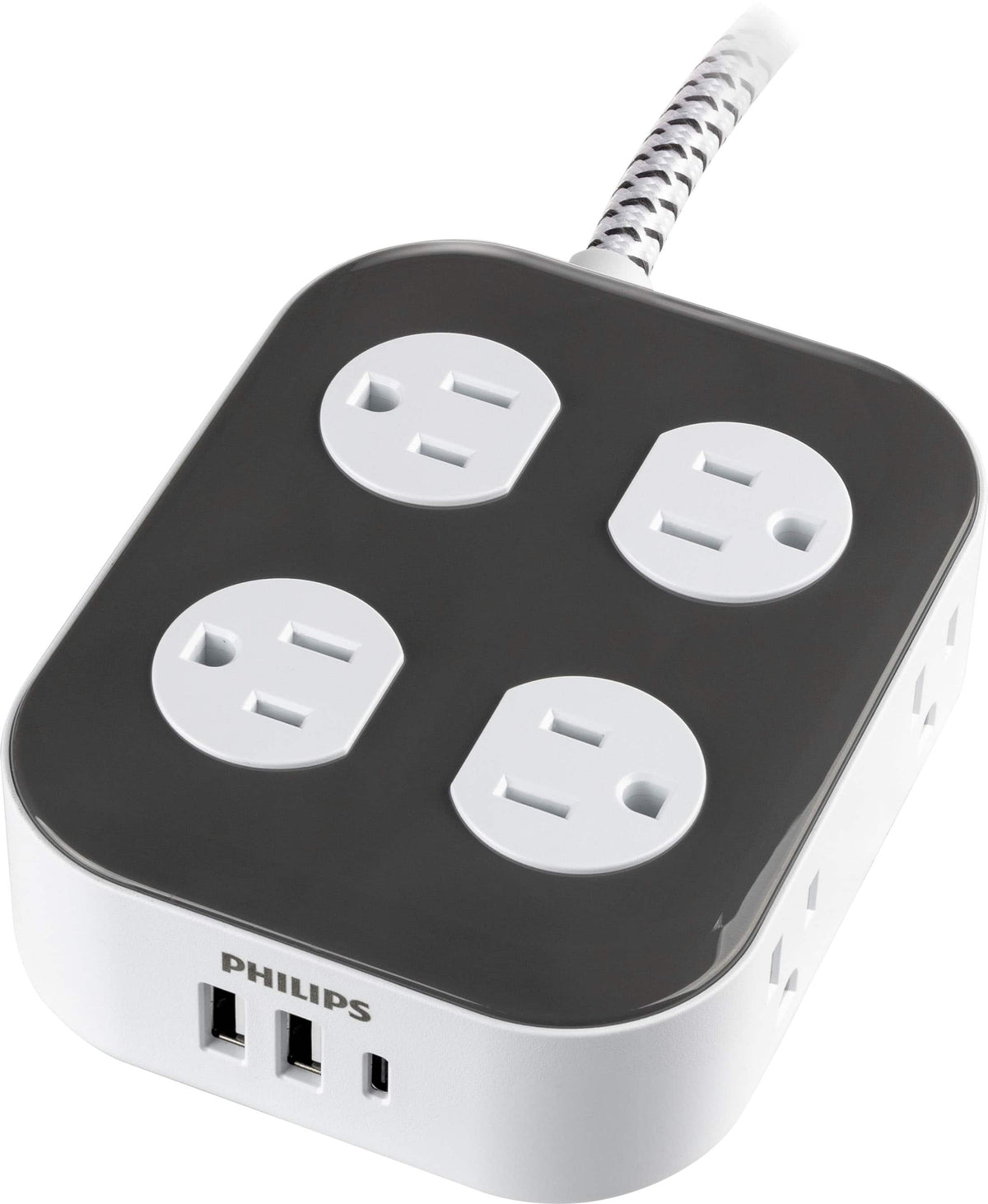 Philips - Surge Protector, 8 Grounded Outlets, 2 USB-A, 1 USB-C, 2100J, Braided Cord, 4ft - Dark Gray & Arctic White