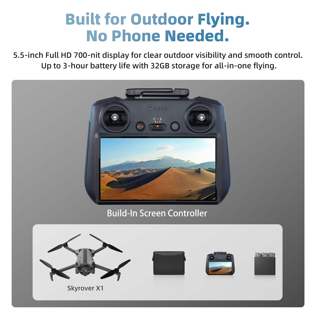 SKYROVER - X1 Fly More Combo 8K Drone Bundle with Remote Screen Controller - Gray