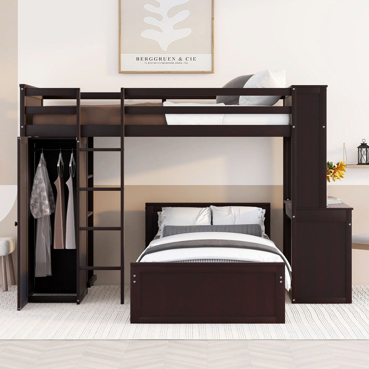 Loft Bed With A Stand Alone Bed, Shelves, Desk, And Wardrobe