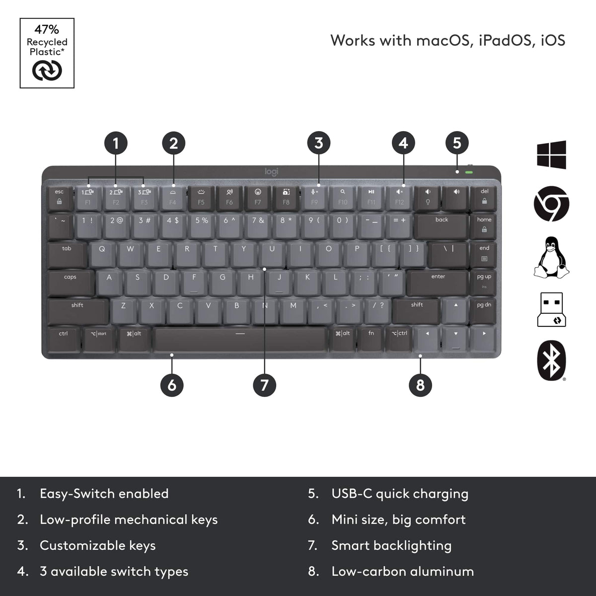 Logitech - MX Mechanical Mini Compact Wireless Mechanical Tactile Switch Keyboard for Windows/macOS with Backlit Keys - Graphite