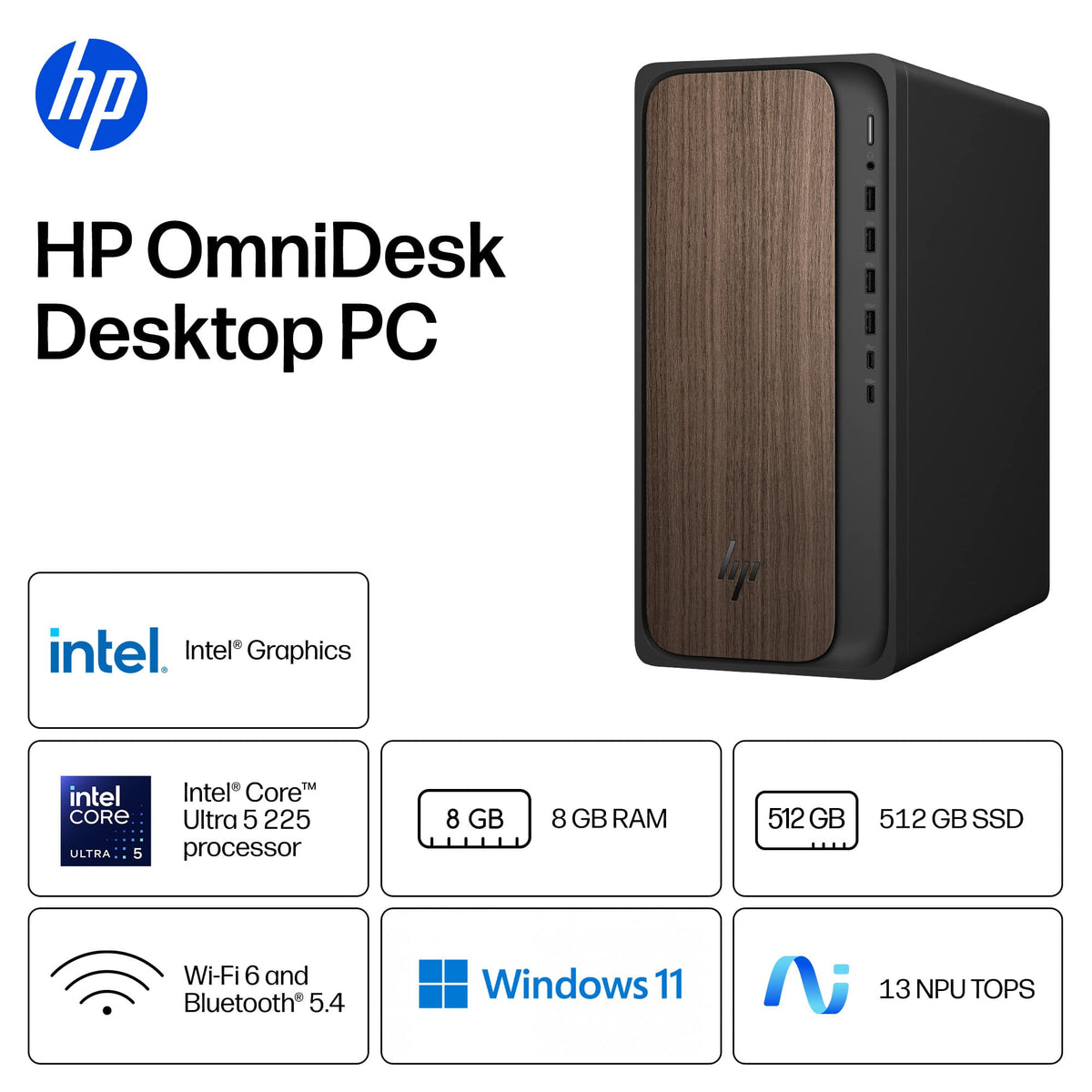HP - OmniDesk Desktop - Intel Core Ultra 5 225 - 8GB DDR5 Memory - 512GB SSD - Dark Wood