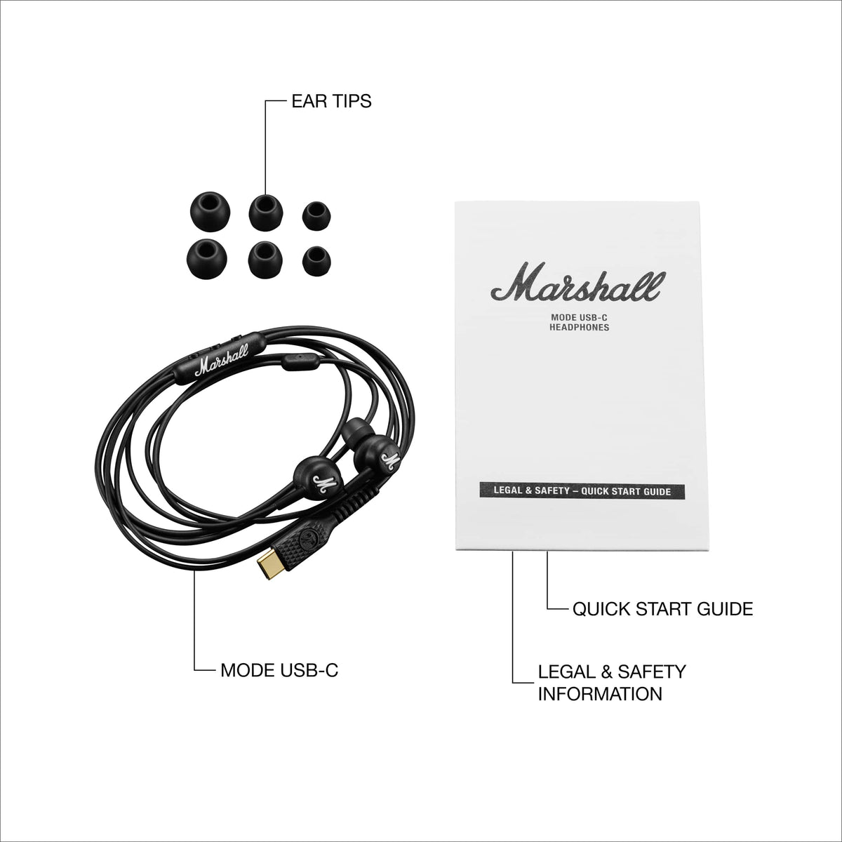 Marshall - Mode USB-C In-ear Wired Earbuds with Built-in Microphone, Customizable Fit, Tangle-resistant Cord and Dynamic Drivers - Black