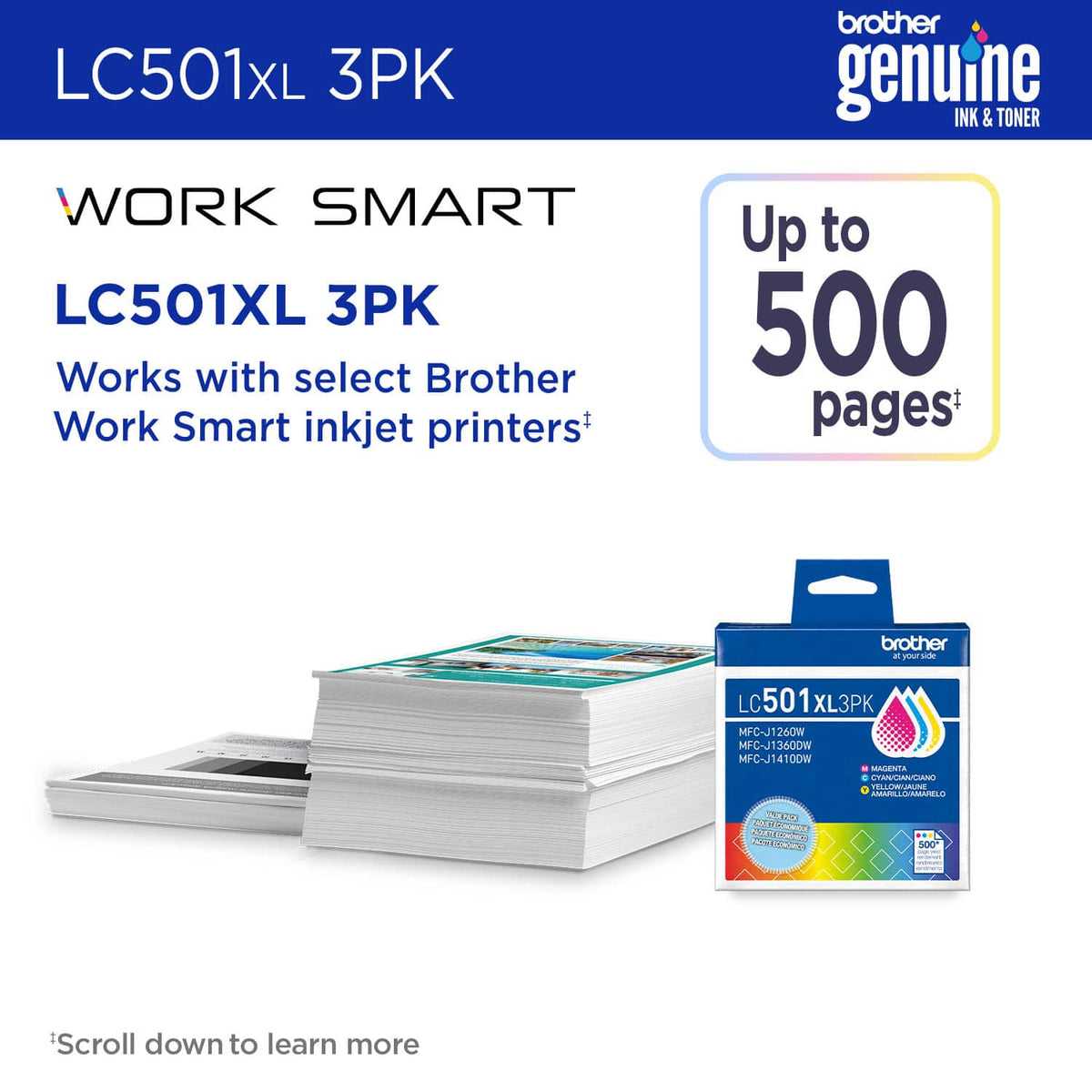 Brother - Genuine LC501XL3PK 3-Pack High Yield Color Ink Cartridges - Cyan/Magenta/Yellow