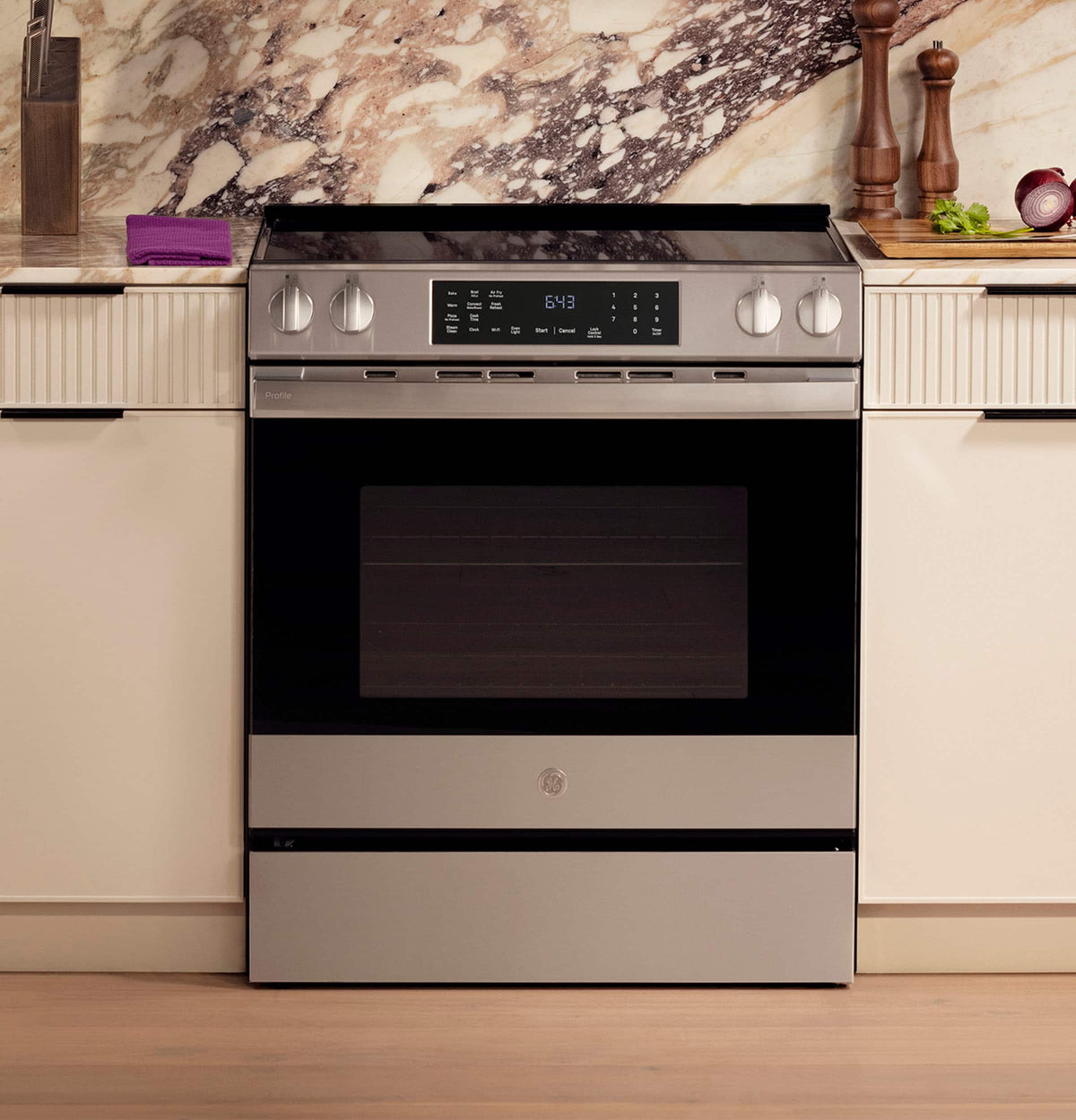 GE Profile - 30 in. Wide 4 Elements 5.3 Cu. Ft. Slide-In Electric Induction Convection Range with Air Fry and EasyWash Oven Tray - Stainless Steel