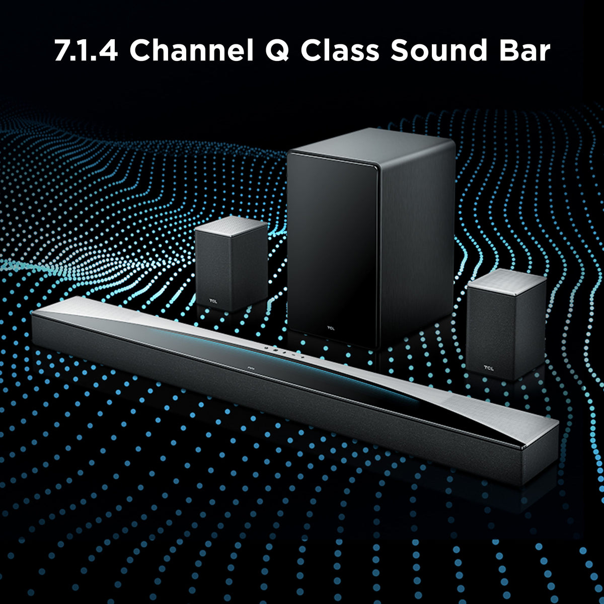TCL - Q85H Q Class 7.1.4 Channel Sound Bar with Dolby Atmos, Wireless Subwoofer, and Wireless Surround Speakers - Black