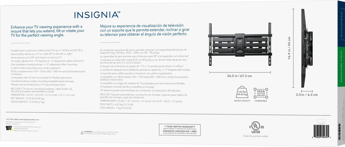 Insignia™ - Full-Motion TV Wall Mount for Most 42–90" TVs, Up to 120 lbs. — Extends 20" - Black