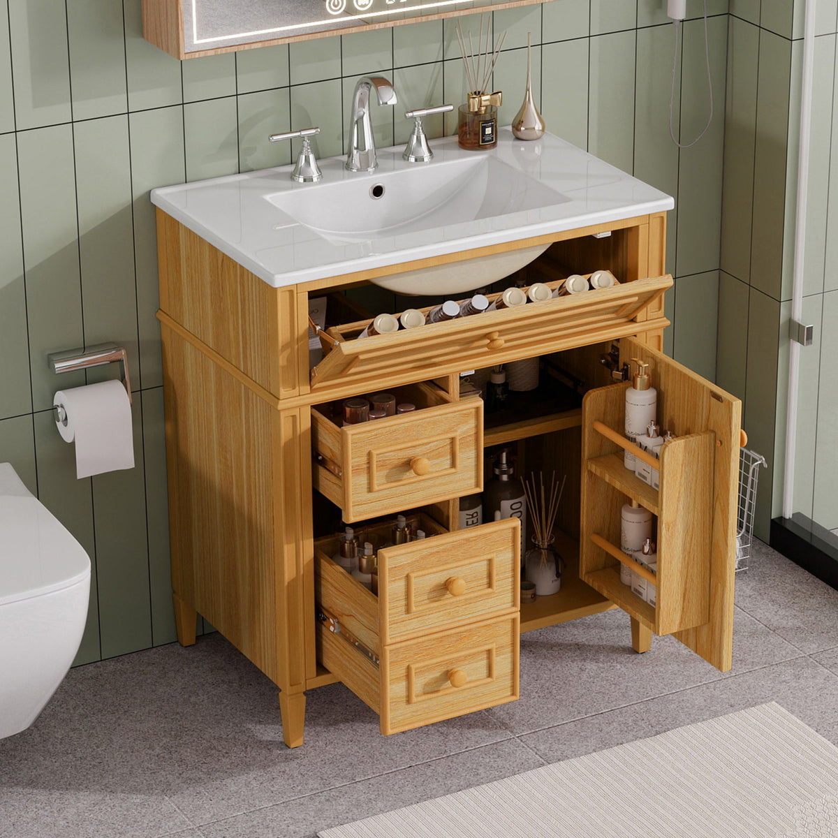 Tocador de baño con cajón abatible y 2 cajones de cierre suave