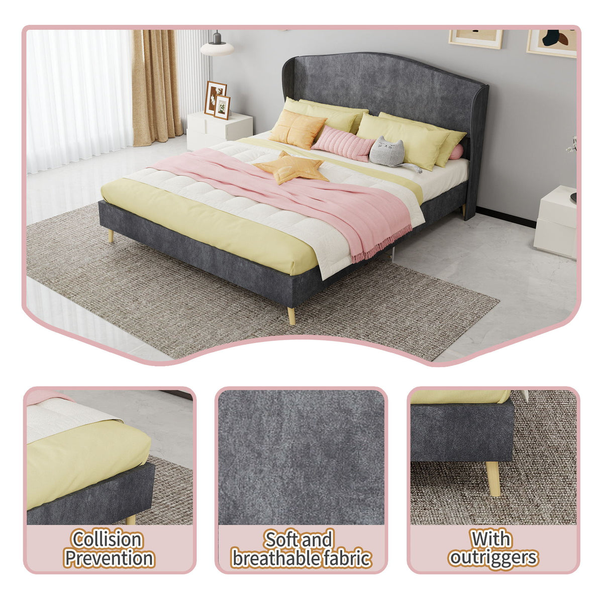 Cama tapizada, cabecero capitoné, sueño confortable