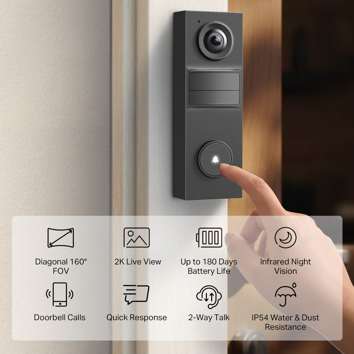 TP-Link - Tapo Smart 2K Crystal-Clear Video Doorbell with Ring Call, 160° Field of View, Local and Cloud Storage - No Monthly Fees - Black
