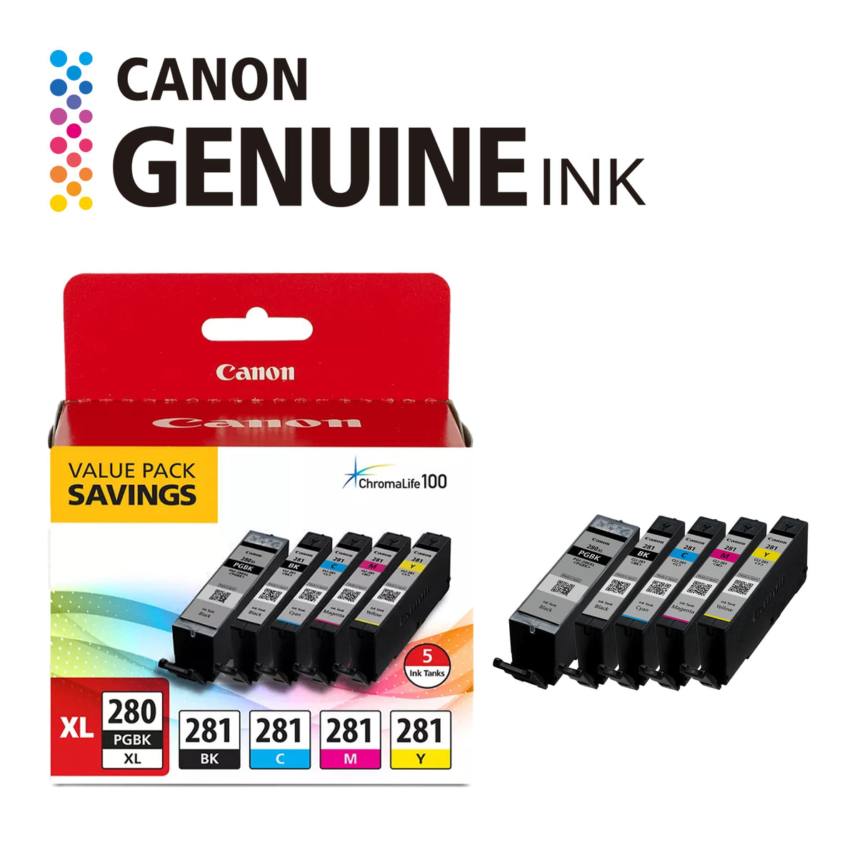 Canon - PGI-280 XL / CLI-281 5-Pack High-Yield - Pigment Black, Standard Capacity Ink Cartridges - Black/Cyan/Magenta/Yellow