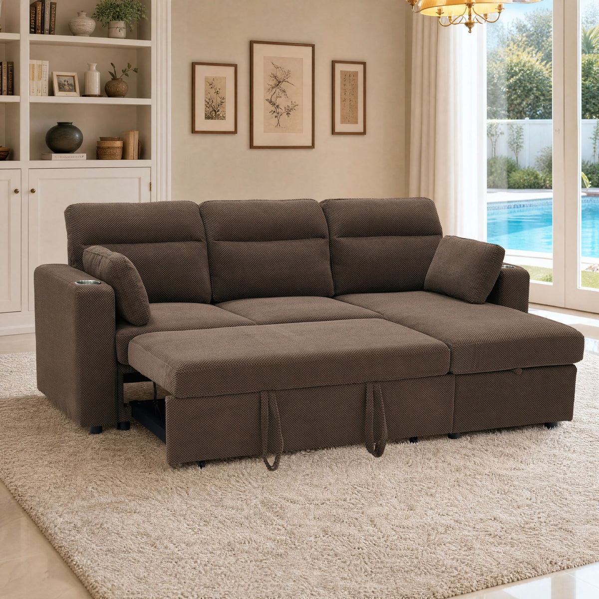Convertible Sectional Sofa With Storage Chaise, Cup Holders And Pull Out Sleeper
