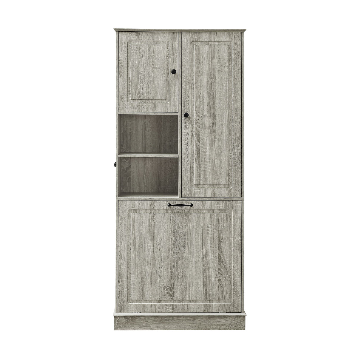 Armario alto moderno con estantes ajustables, cesta extraíble y puertas cerradas