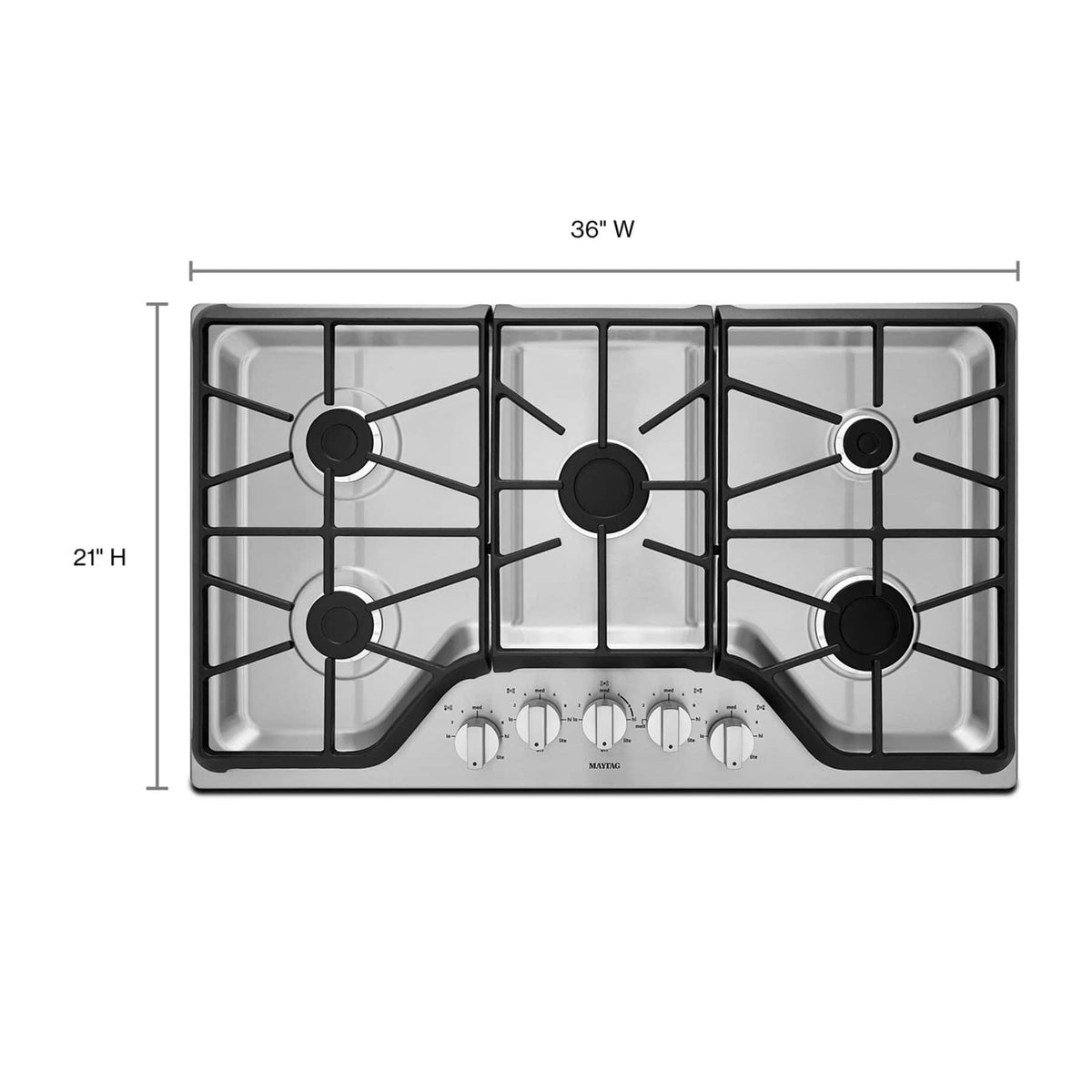 Maytag - 36 in. Wide 5 burners Built-In Gas Cooktop - Stainless Steel