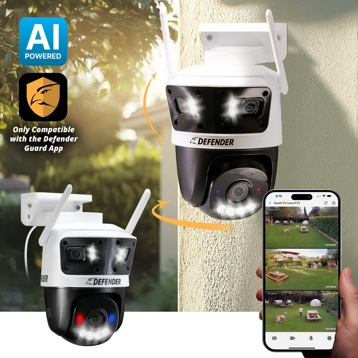 Defender - AI 3K+ Guard Tri-Lens PTZ WIFI Plug-in Security Camera, 360° Tracking, AI Detection, Works w/ Guard App - White