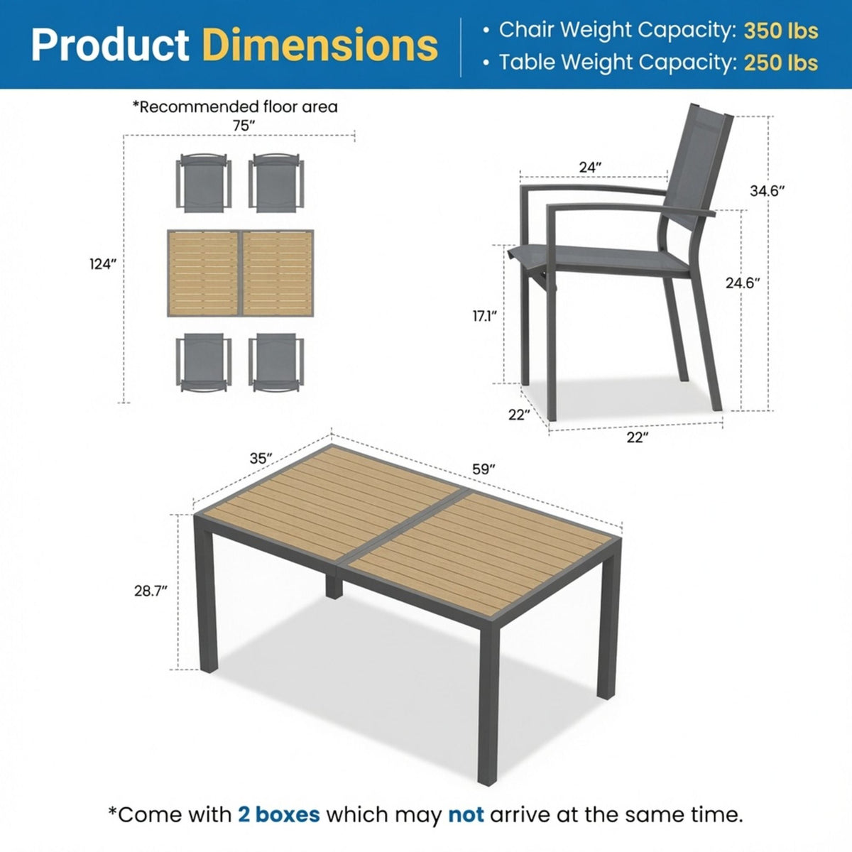 Juego de comedor para patio de 5 piezas con mesa y sillas para uso en exteriores - Gris