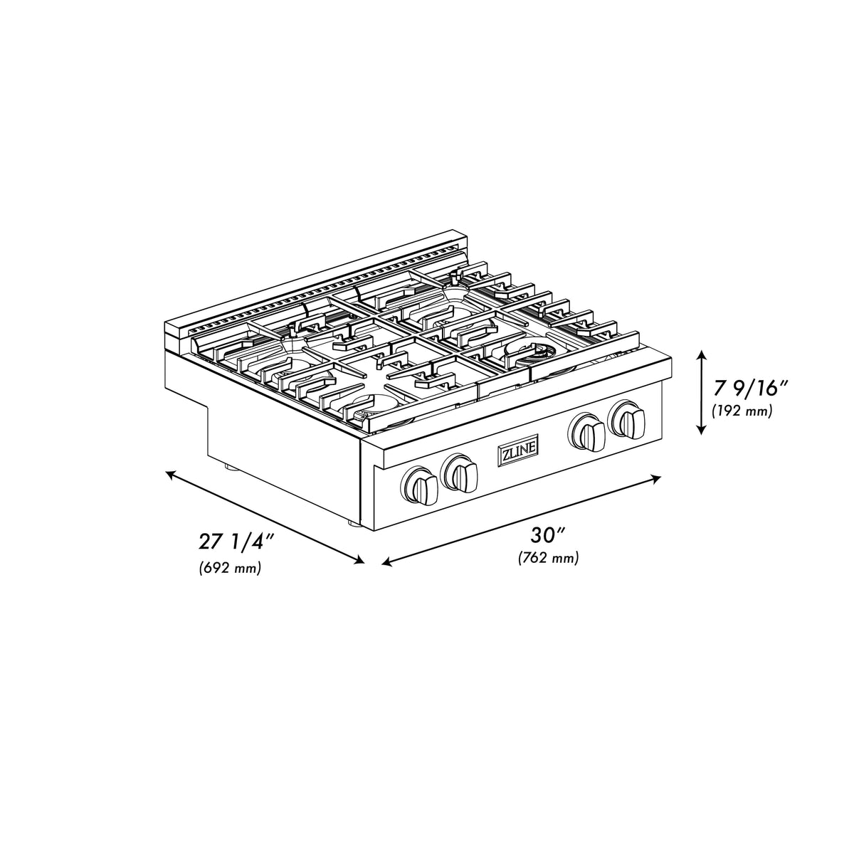 ZLINE - 30 in. Wide 4 Burner Paramount Gas Rangetop  (SRTS-30) - Satin Stainless Steel