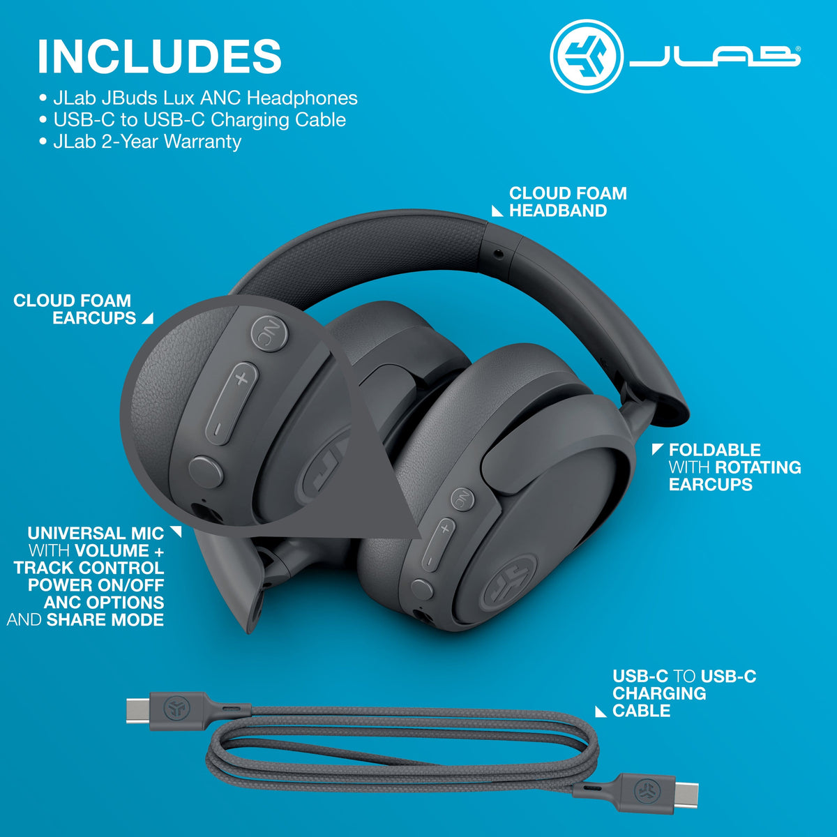 JLab - JBuds Lux ANC Wireless Bluetooth Over-Ear Headphones with Active Noise Cancelling, Spatial Audio & 70+ Hour Battery - Graphite