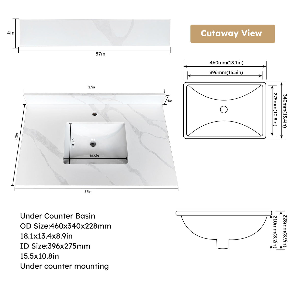 Encimera de baño con lavabo bajo encimera de una cubeta