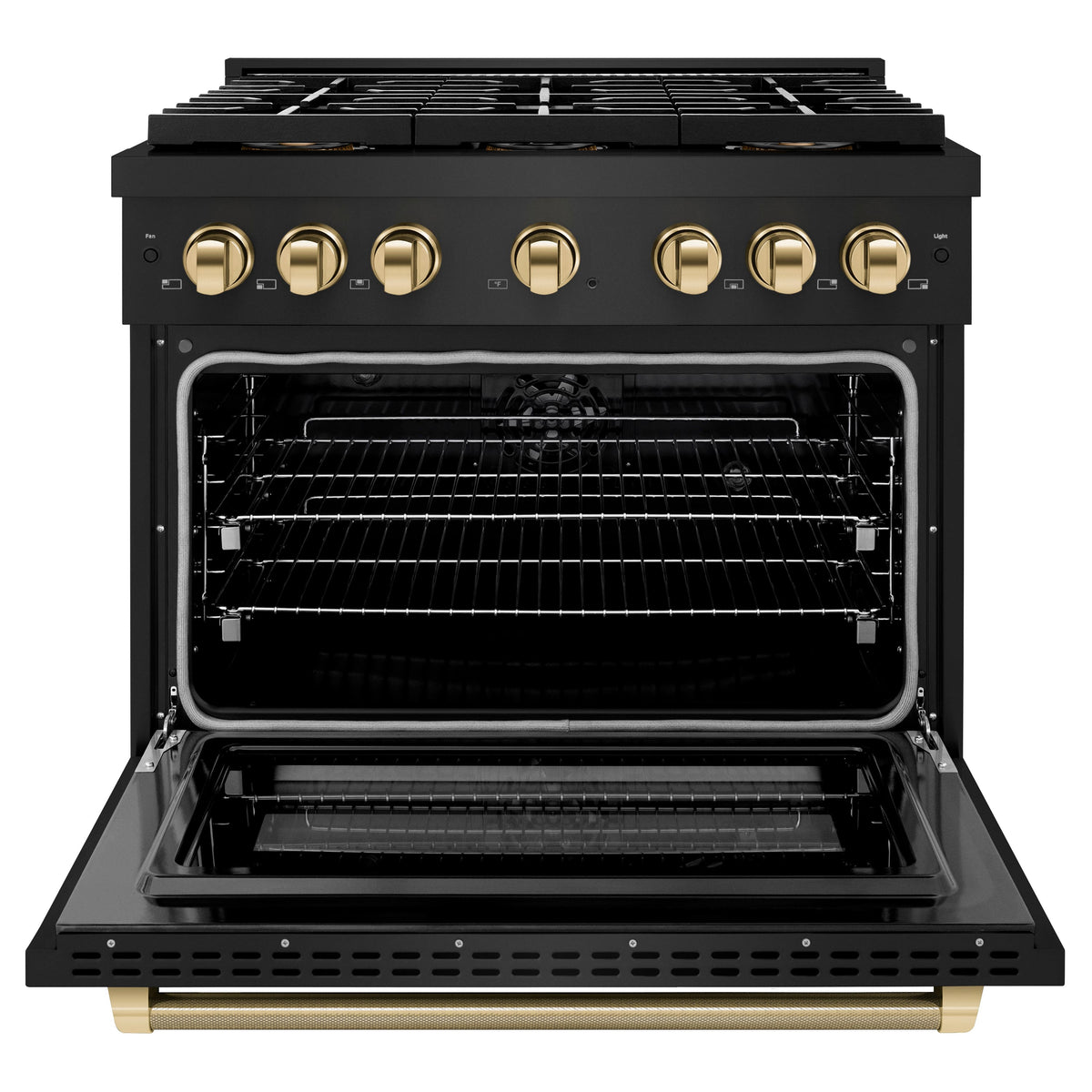 ZLINE - 36 in. Wide 6 Burner Autograph 5.2 cu. ft. Freestanding Paramount DuoPro Dual Fuel Range with Polished Gold Handle - Black Stainless Steel